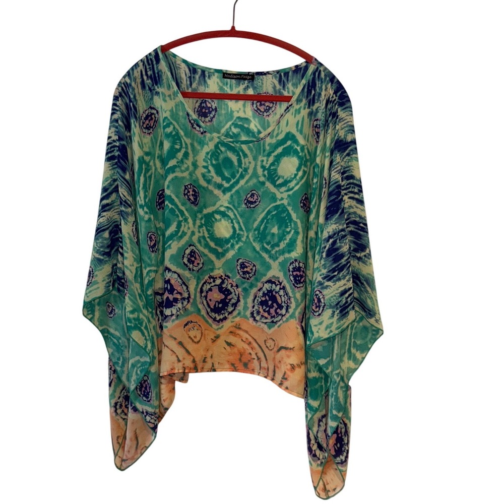 Madison Paige Women M Teal Blue Tie Dye Poncho Top Chiffon Boho Resortwear Flowy